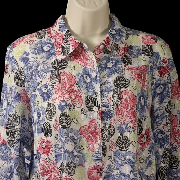 JM Collection Womens Button Front Shirt 8 Semi-Sheer Floral Pink Blue Green EUC - Picture 2 of 10